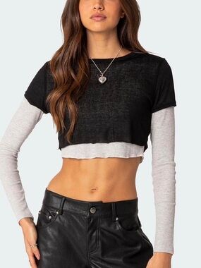 Edikted Black & Light Gray Layered Crop Long-Sleeve Top - NWT